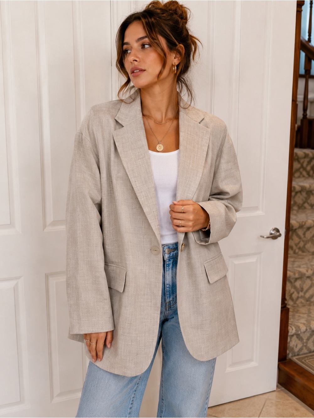 Women’s Top Shop Oversized Beige Blazer Neutral Minimalist Office Career Jacket